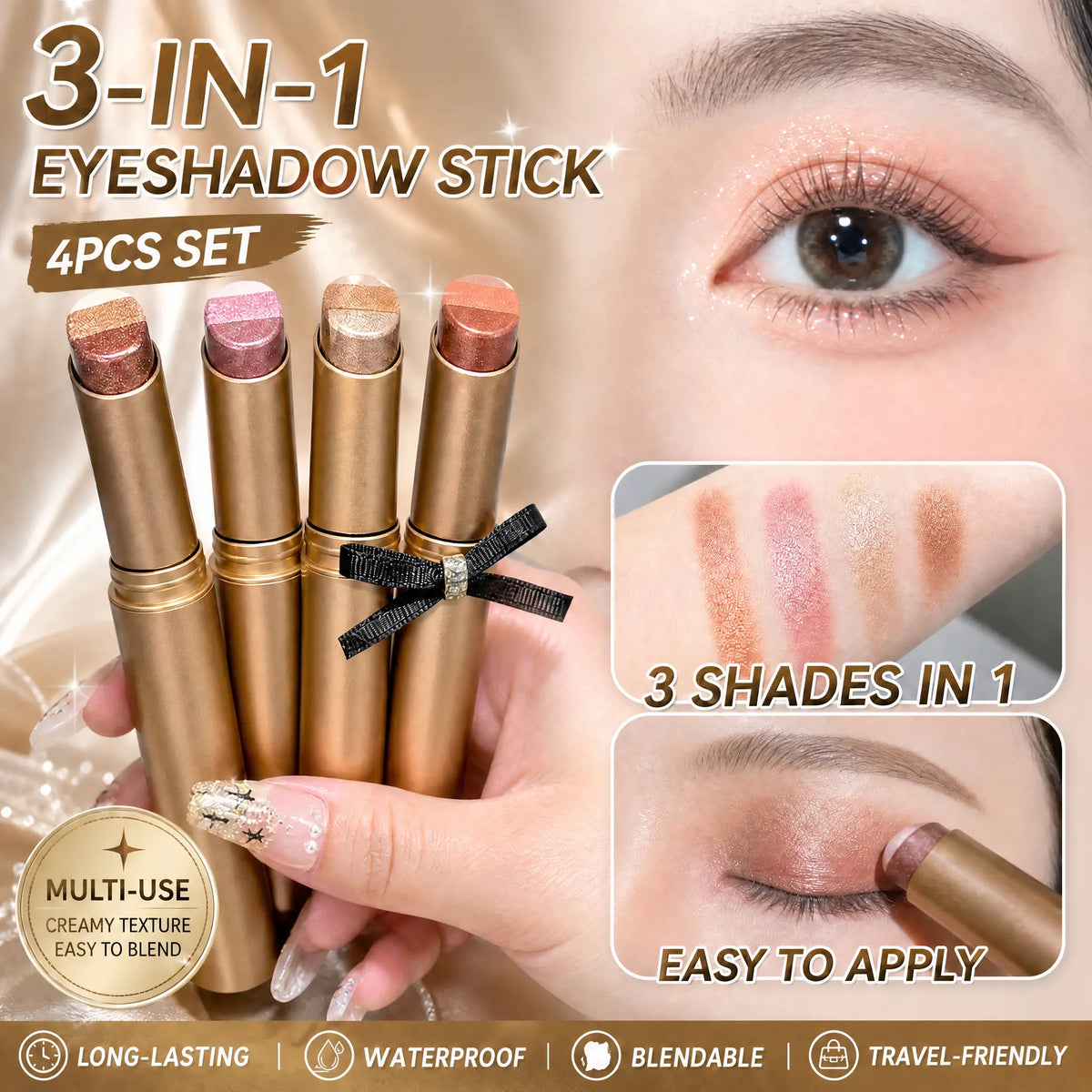 Pack of 4 3-Color Eyeshadow Stick Gradient, Waterproof Long Lasting Creamy Shimmer Eye Shadow, Portable Smudge-Proof Glitter Makeup for Women, Day to Night (Fine Shimmer Brownish Orange)