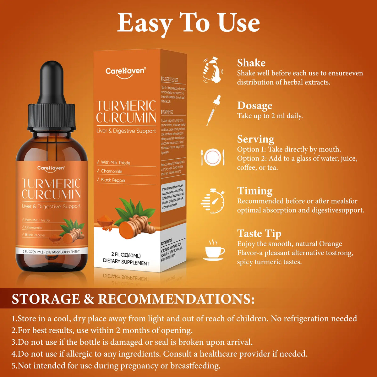 Carehaven Organic Turmeric Curcumin & Milk Thistle Liquid Drops - Prop 65 Safe Liver Aid with Dandelion, Chamomile, Black Pepper, Ginger, Orange Flavor, 2 Fl Oz Single Bottle