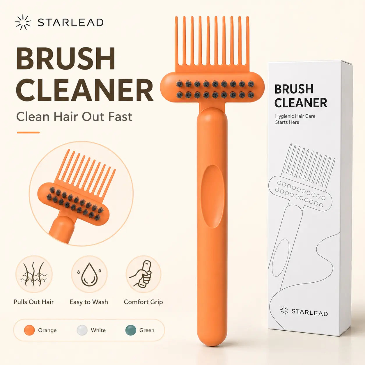 STARLEAD Hair Brush Cleaner Tool, Dual-Action Hairbrush Cleaning Comb with Scrubbing Bristles, Reusable Brush Cleaner for Removing Trapped Hair and Buildup, Easy Wash Hair Care Tool for Home, Salon and Travel