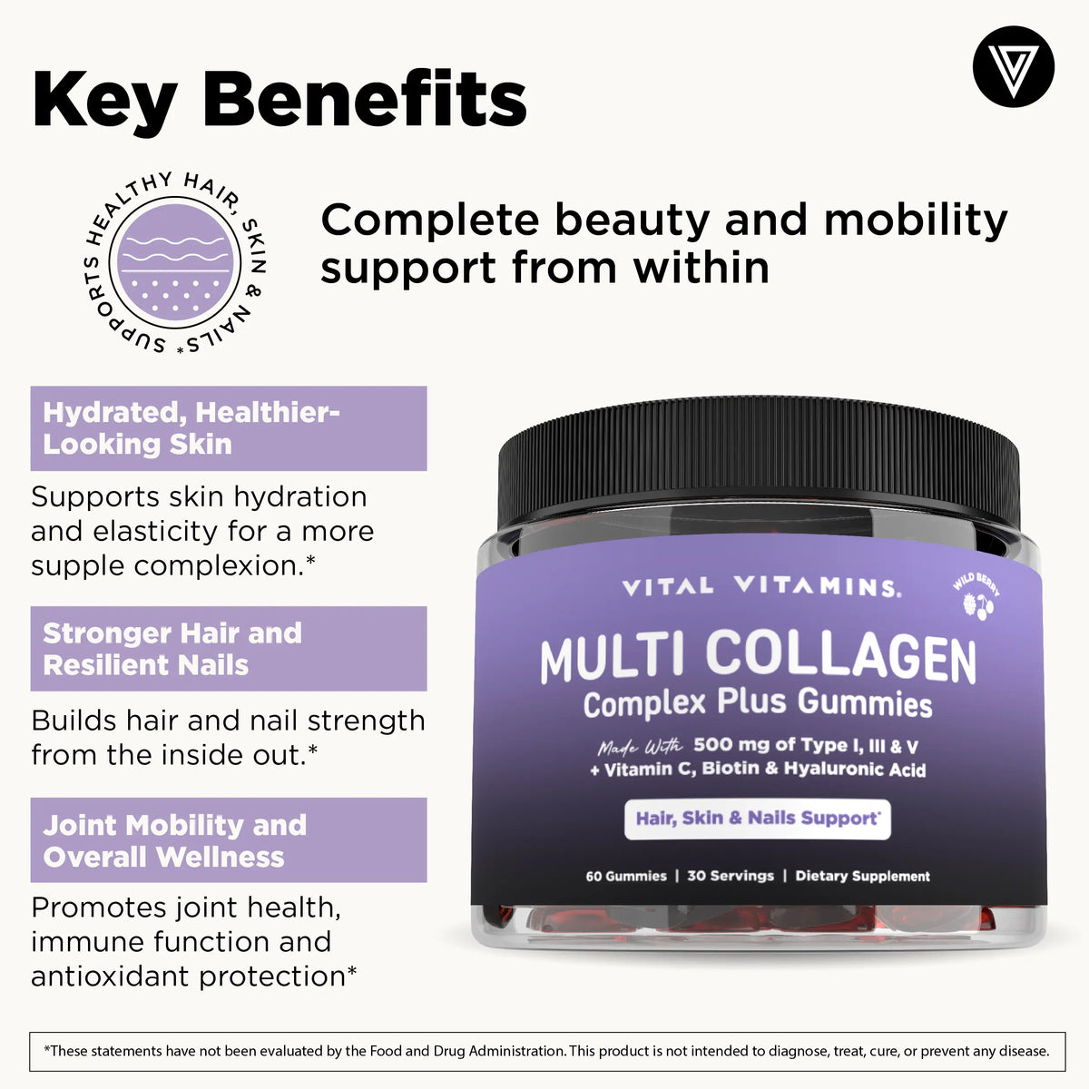Vital Vitamins Multi Collagen Complex plus Gummies - 500Mg Collagen Types I, III & V with Hyaluronic Acid, Biotin, Vitamin C & Vitamin D - Wild Berry, 60 Gummies