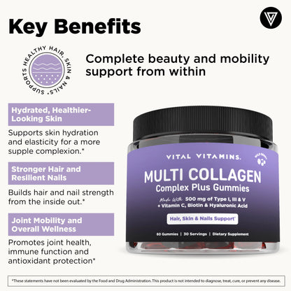 Vital Vitamins Multi Collagen Complex plus Gummies - 500Mg Collagen Types I, III & V with Hyaluronic Acid, Biotin, Vitamin C & Vitamin D - Wild Berry, 60 Gummies