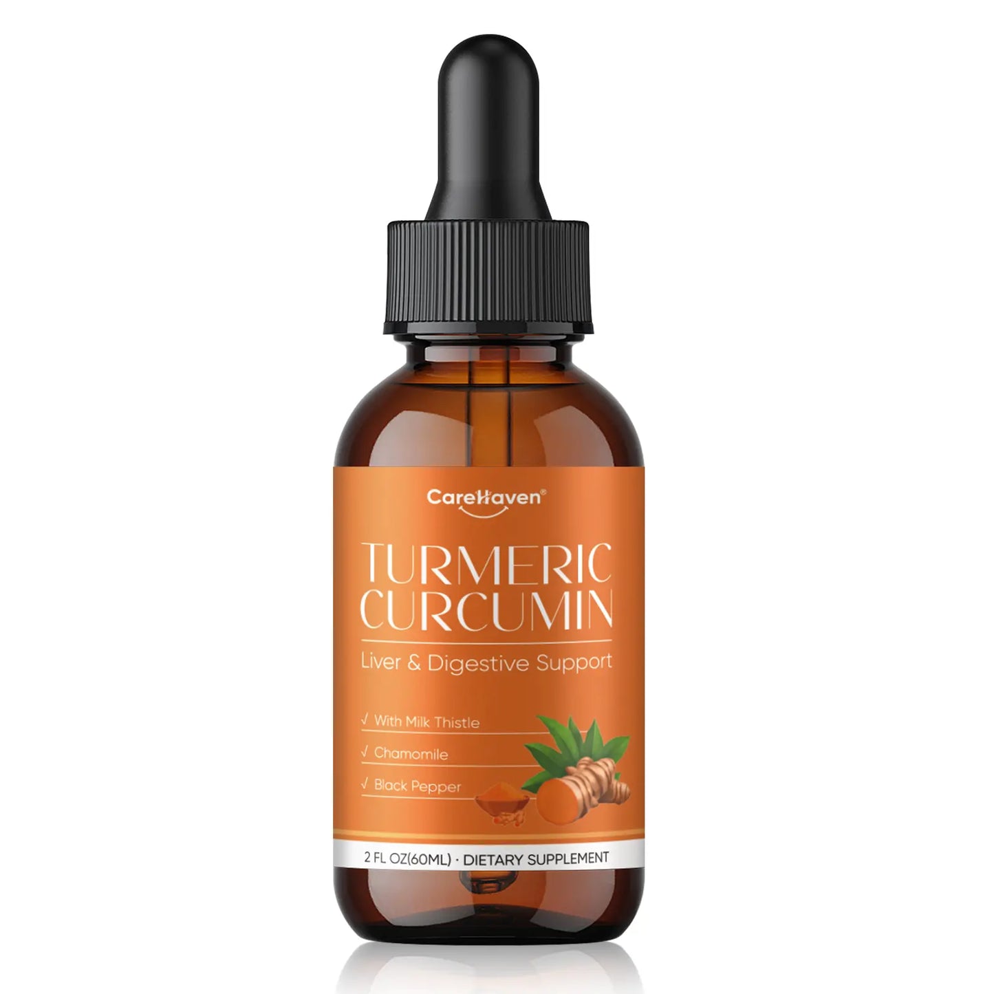 Carehaven Organic Turmeric Curcumin & Milk Thistle Liquid Drops - Prop 65 Safe Liver Aid with Dandelion, Chamomile, Black Pepper, Ginger, Orange Flavor, 2 Fl Oz Single Bottle