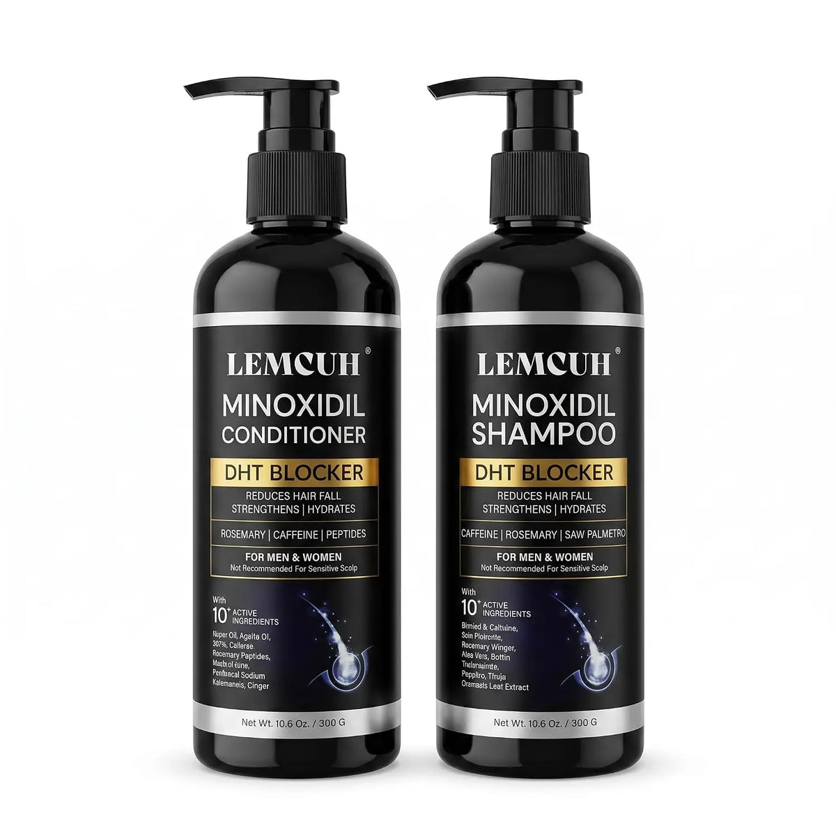 Lemcuh Minoxidil Shampoo and Conditioner Set for Hair Growth – DHT Blocker Shampoo Conditioner Enriched with Biotin, Saw Palmetto & Ginger – Supports Thicker, Fuller Hair, Scalp Care Formula for Men Women