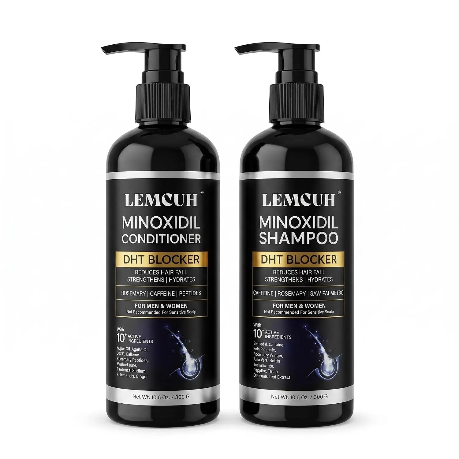Lemcuh Minoxidil Shampoo and Conditioner Set for Hair Growth – DHT Blocker Shampoo Conditioner Enriched with Biotin, Saw Palmetto & Ginger – Supports Thicker, Fuller Hair, Scalp Care Formula for Men Women