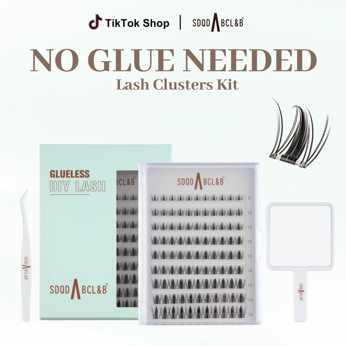 [Wildcat] No-Glue D-Curl Individual Lash Kit - 8-16Mm 0.03Mm Jelly-Coated Base Self-Adhesive Lashes, Tweezers, Handheld Mirror, Beginner-Friendly Lightweight Hypoallergenic Press-On False Eyelashes (Home Makeup Gift), Lash Cluster