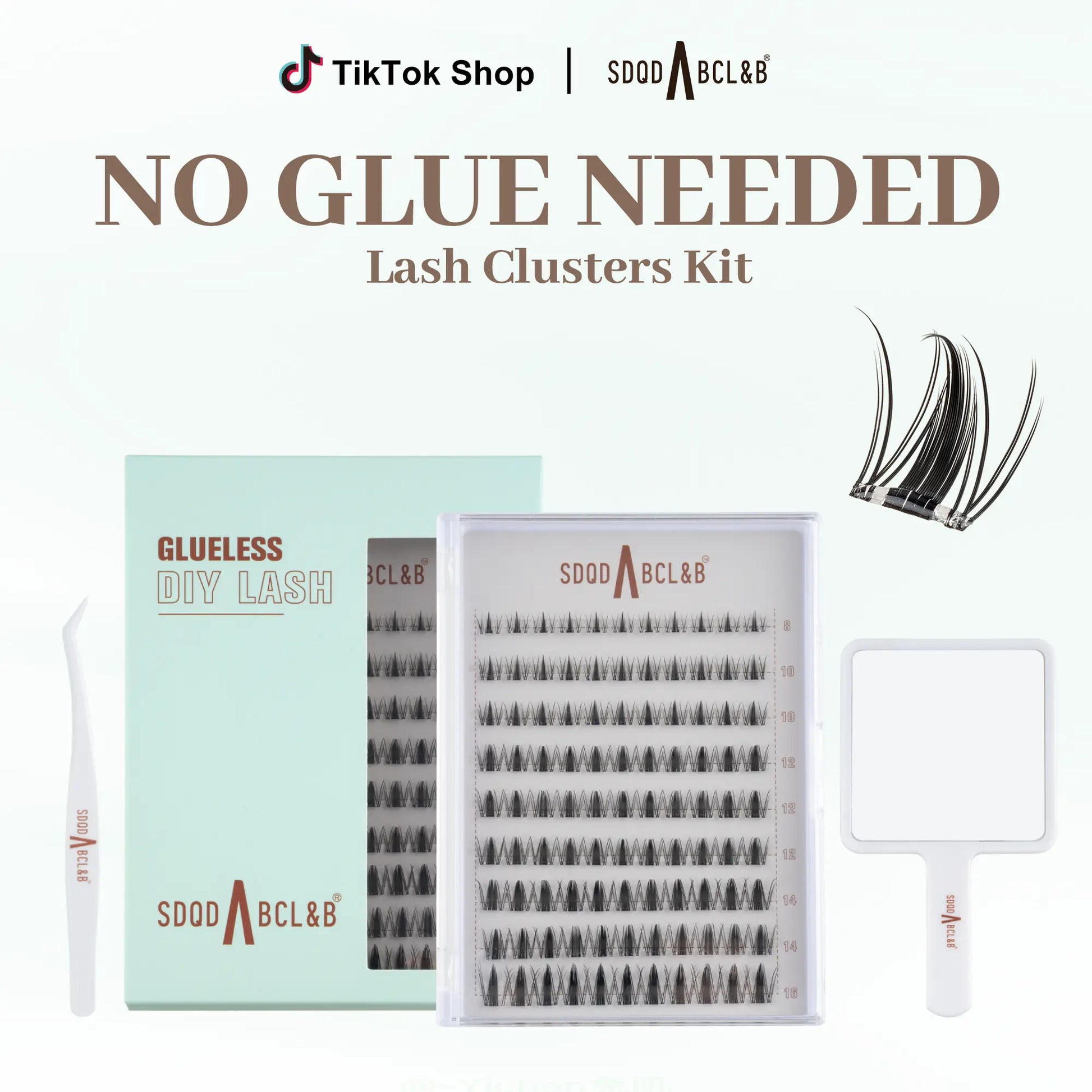 [Wildcat] No-Glue D-Curl Individual Lash Kit - 8-16Mm 0.03Mm Jelly-Coated Base Self-Adhesive Lashes, Tweezers, Handheld Mirror, Beginner-Friendly Lightweight Hypoallergenic Press-On False Eyelashes (Home Makeup Gift), Lash Cluster