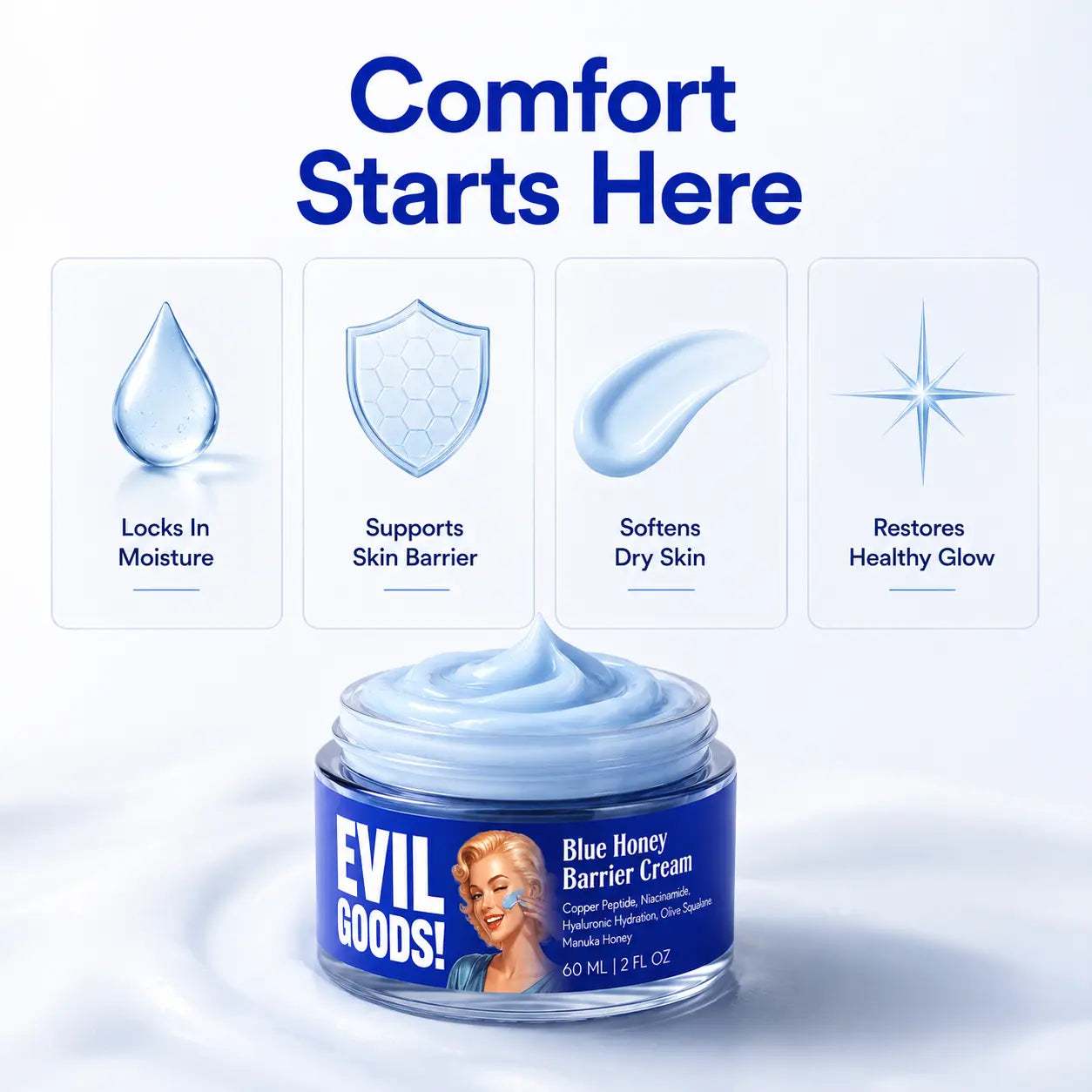 EVIL GOODS Blue Honey Barrier Cream - Lightweight Grape Serum Moisturizer with Copper Peptide, Niacinamide, Hyaluronic Acid for Dry, Dull, Normal Skin - Evening Moisture Boost (2 Oz)