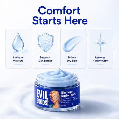 EVIL GOODS Blue Honey Barrier Cream - Lightweight Grape Serum Moisturizer with Copper Peptide, Niacinamide, Hyaluronic Acid for Dry, Dull, Normal Skin - Evening Moisture Boost (2 Oz)