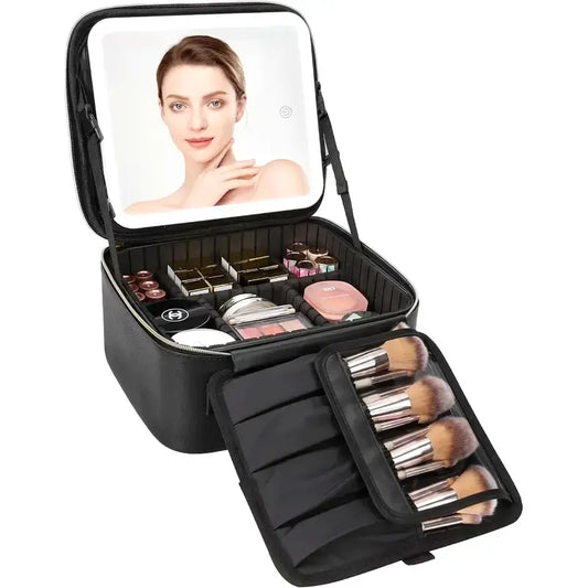 Makeup Case with LED Mirror, Travel Makeup Organizer with Adjustable Dividers & Brush Holder, PU Leather Portable Vanity Makeup Bag, 3 Color Lighting Modes, Adjustable Brightness, Christmas Gift for Women, Friends & Family