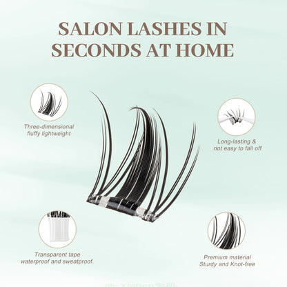 [Wildcat] No-Glue D-Curl Individual Lash Kit - 8-16Mm 0.03Mm Jelly-Coated Base Self-Adhesive Lashes, Tweezers, Handheld Mirror, Beginner-Friendly Lightweight Hypoallergenic Press-On False Eyelashes (Home Makeup Gift), Lash Cluster