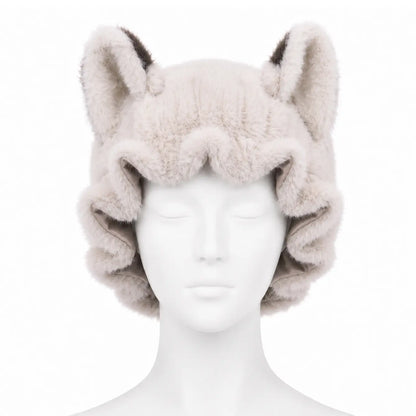 Brand Original Fox Ear Design Plush Satin Hair Bonnet for Sleeping, Soft Fleece Sleep Cap for Women with Satin Lining, Adjustable Elastic Band, anti Frizz Hair Protection Night Cap for Curly Hair, Braids, Natural Hair, Skincare & Lounge。