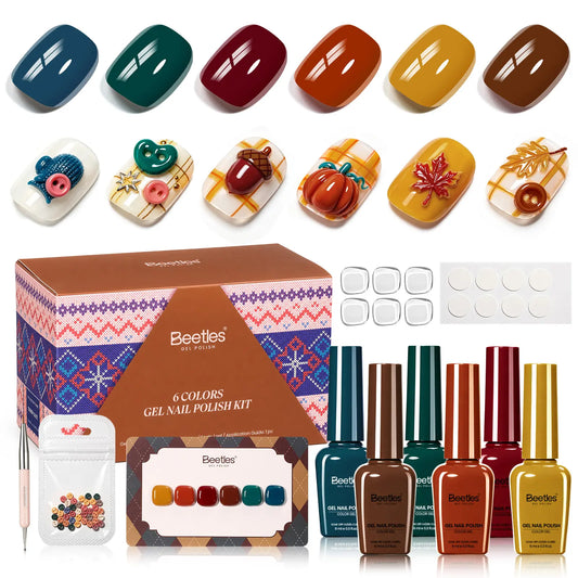 Beetles Fall Gel Nail Polish Set, 6 Colors Vintage Gel Polish Kit with Color Swatch, Nail Art Accessories, 9Ml Each Soak-Off UV LED Gel Manicure Set for DIY and Salon