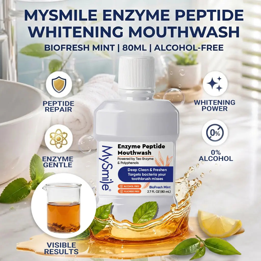 Mysmile Enzyme Peptide Whitening Mouthwash Cleanser - Alcohol-Free, Antibacterial, Xylitol, Anti-Cavity, Breath Freshening Oral Care, Bad Breath Fix, Moisturizing, Oil Control, 2.7 Fl Oz Travel Size, Unisex Adults