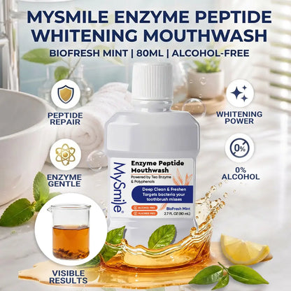 Mysmile Enzyme Peptide Whitening Mouthwash Cleanser - Alcohol-Free, Antibacterial, Xylitol, Anti-Cavity, Breath Freshening Oral Care, Bad Breath Fix, Moisturizing, Oil Control, 2.7 Fl Oz Travel Size, Unisex Adults
