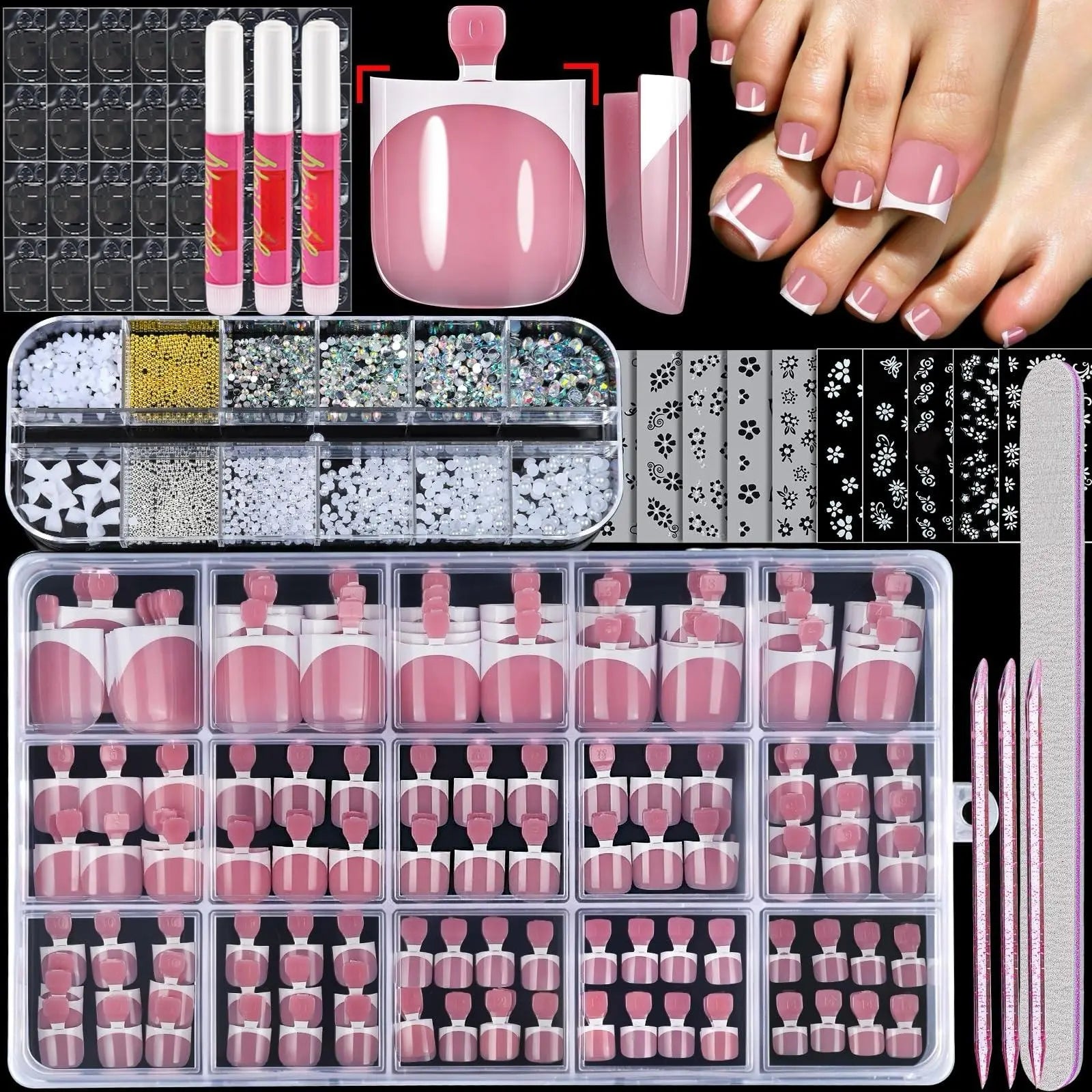 CHOIN Press on Toe Nails Set - 150Pcs Pre-Shaped Square Soft Gel Acrylic Nails, Berry Pink Full Cover Long-Lasting Stick & Build Extensions, 15 Multi-Size Glossy French Tips for DIY Pedicure, Valentine'S Day Gift, Press on Nail Sets