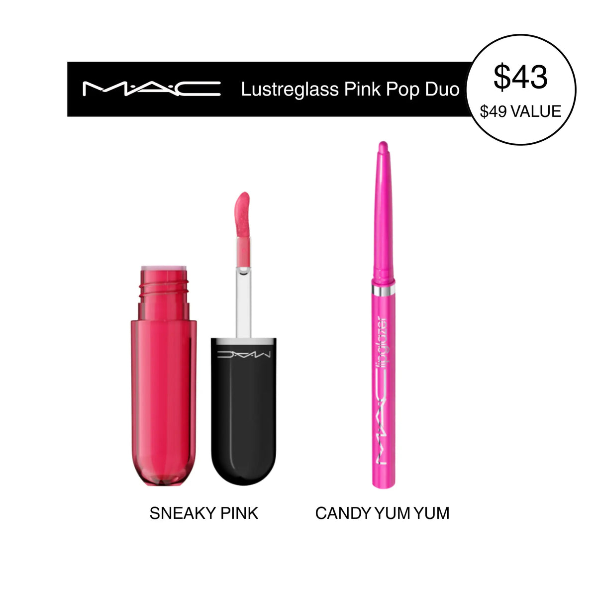 MAC Lustreglass Pink Pop Duo | Lip Tint & Glossy Liner Duo | Long-Lasting Pink Stain, Soft Shiny Finish, 2 Pc