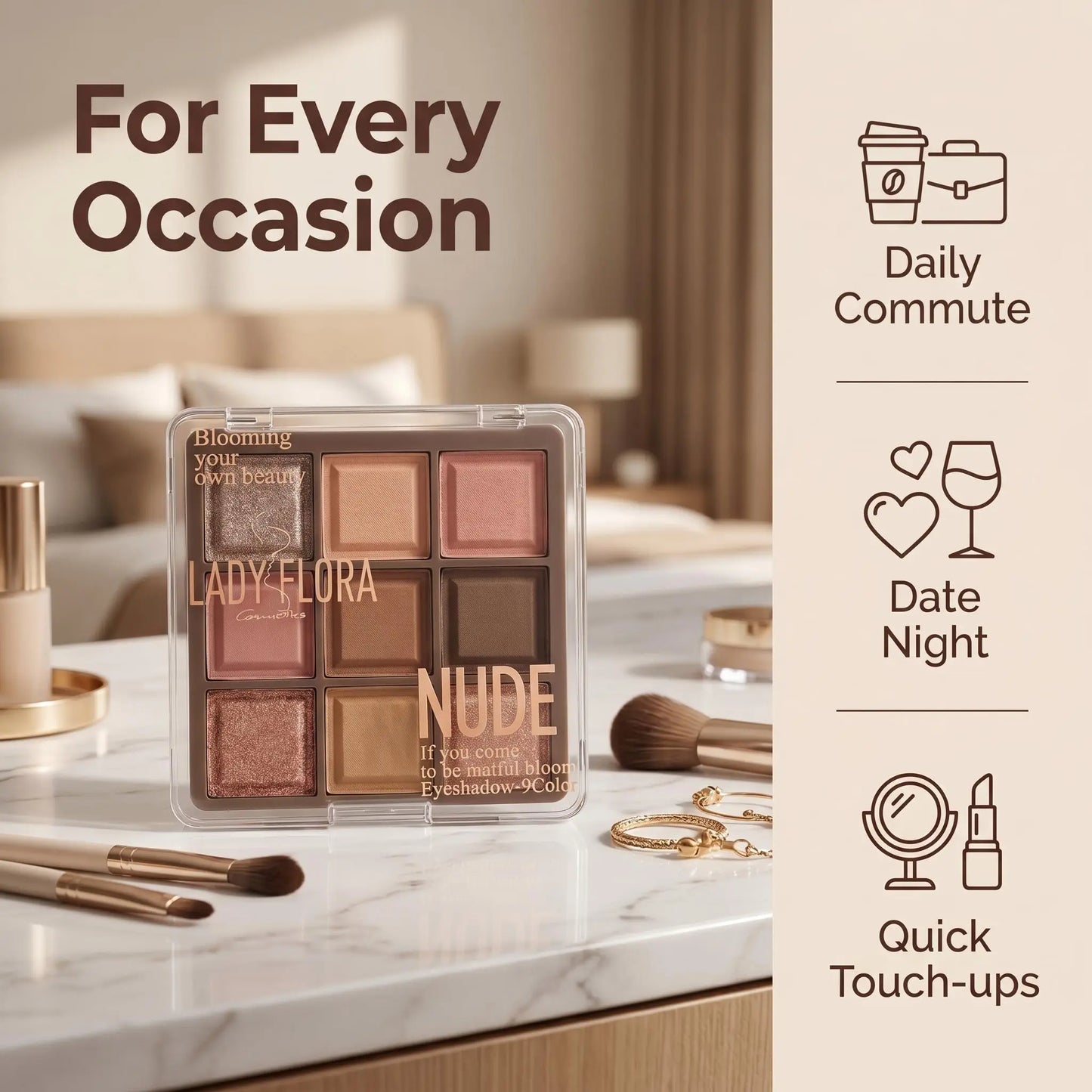 Lady Flora 9 Shades Nude Eyeshadow Palette, Matte Shimmer Neutral Eye Makeup Palette, Blendable Warm Brown Earth Tone Shadows, Long Lasting Daily Eye Cosmetic for Beginners