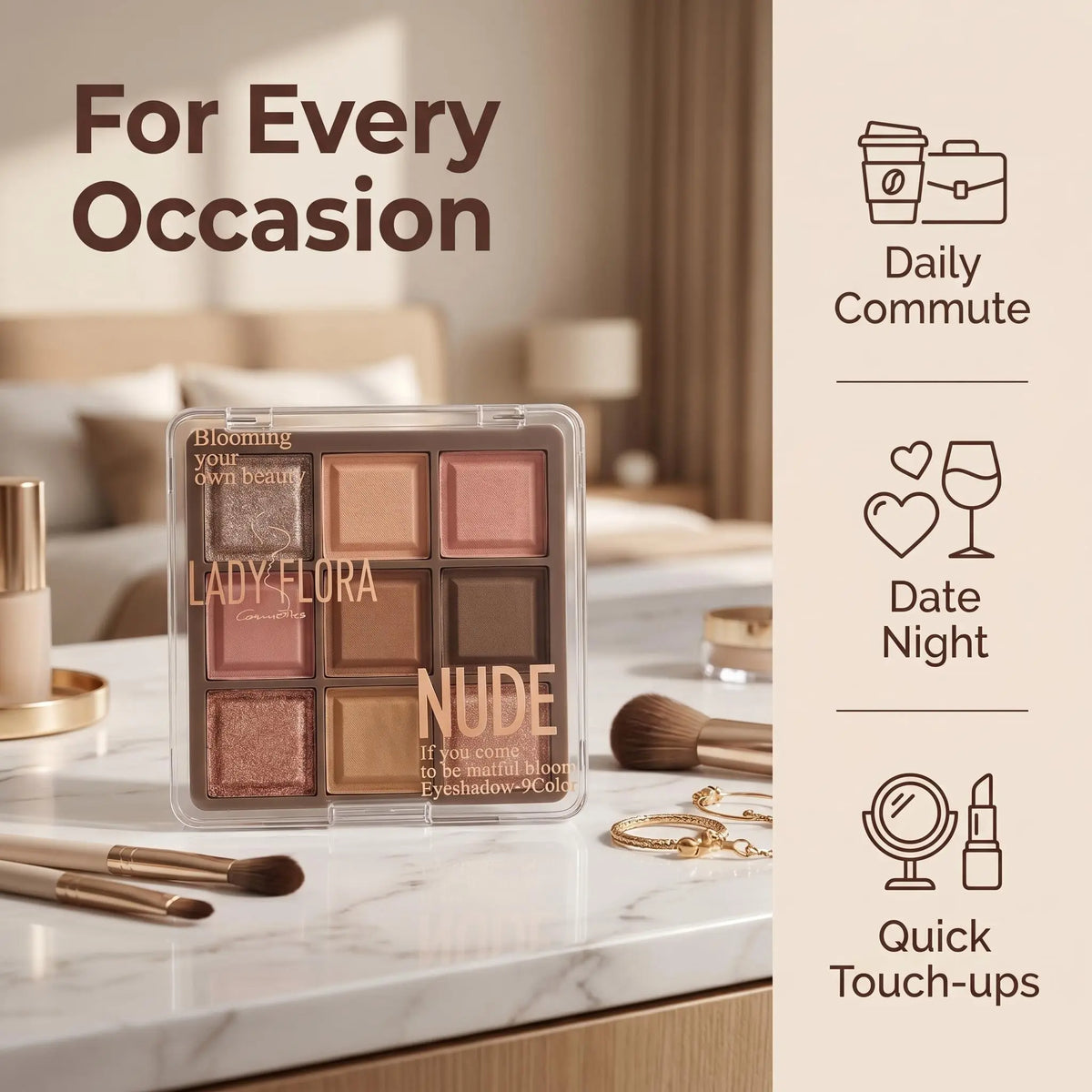Lady Flora 9 Shades Nude Eyeshadow Palette, Matte Shimmer Neutral Eye Makeup Palette, Blendable Warm Brown Earth Tone Shadows, Long Lasting Daily Eye Cosmetic for Beginners