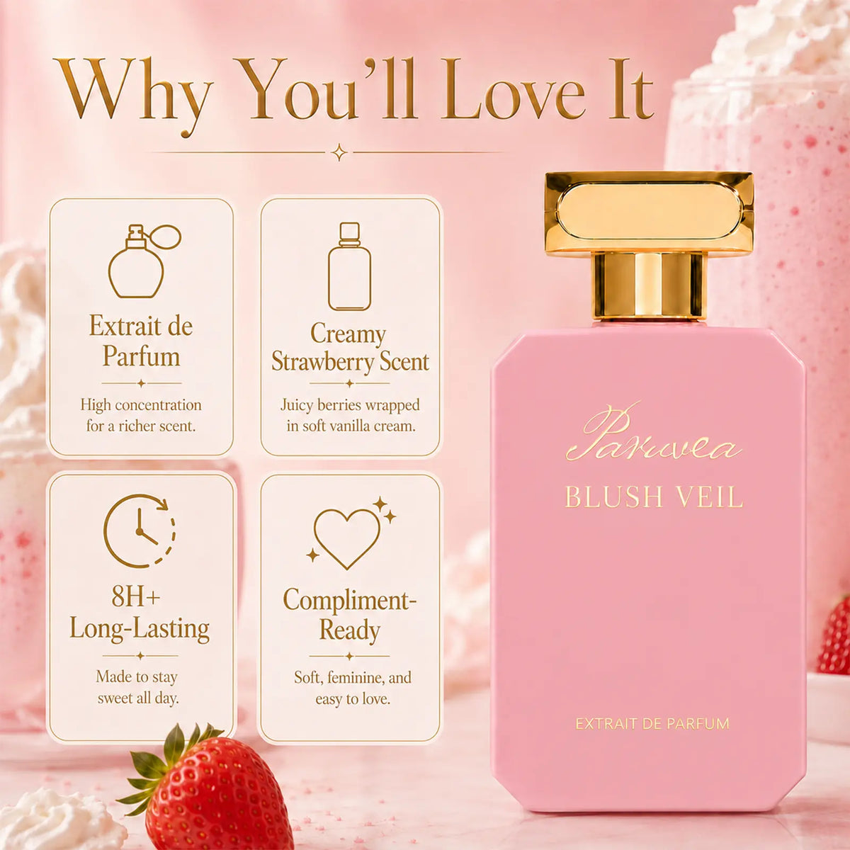 Paruvea Blush Veil Extrait De Parfum | Sweet Creamy Strawberry Milkshake | Blackberry Vanilla Jasmine | Soft Feminine Fruity Floral Perfume 100Ml (3.4 Fl Oz), #Backtoschool