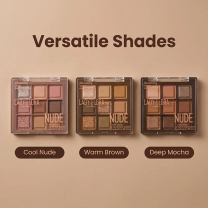 Lady Flora 9 Shades Nude Eyeshadow Palette, Matte Shimmer Neutral Eye Makeup Palette, Blendable Warm Brown Earth Tone Shadows, Long Lasting Daily Eye Cosmetic for Beginners