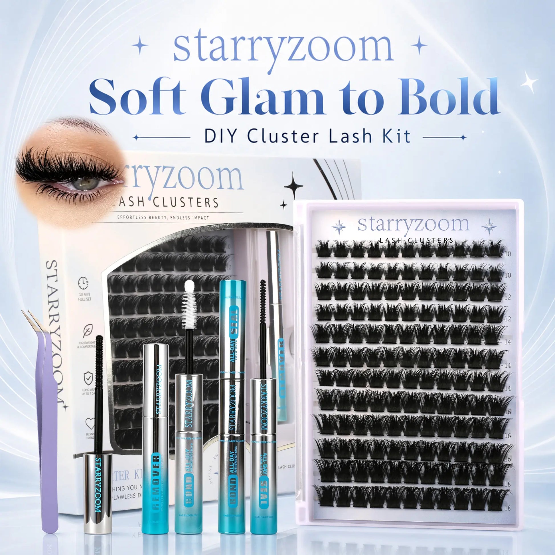 DIY At-Home Lash Cluster Kit for Eyelash Extensions, Complete Makeup Set with Bond, Seal, Remover & Applicator, Adult-Use False Lashes, Cosmetics Accessories, Eye Makeup Tool