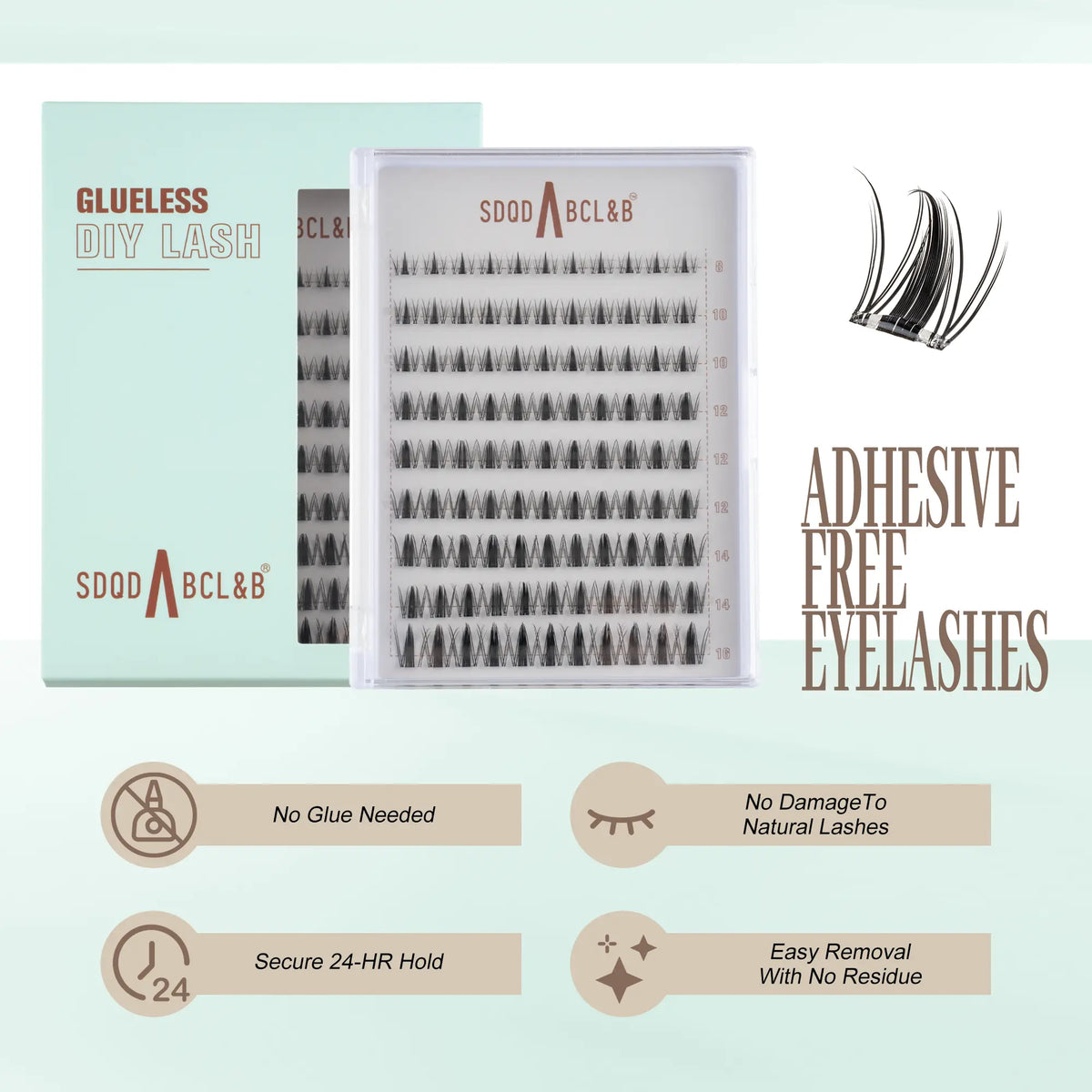 [Wildcat] No-Glue D-Curl Individual Lash Kit - 8-16Mm 0.03Mm Jelly-Coated Base Self-Adhesive Lashes, Tweezers, Handheld Mirror, Beginner-Friendly Lightweight Hypoallergenic Press-On False Eyelashes (Home Makeup Gift), Lash Cluster