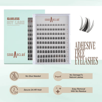 [Wildcat] No-Glue D-Curl Individual Lash Kit - 8-16Mm 0.03Mm Jelly-Coated Base Self-Adhesive Lashes, Tweezers, Handheld Mirror, Beginner-Friendly Lightweight Hypoallergenic Press-On False Eyelashes (Home Makeup Gift), Lash Cluster