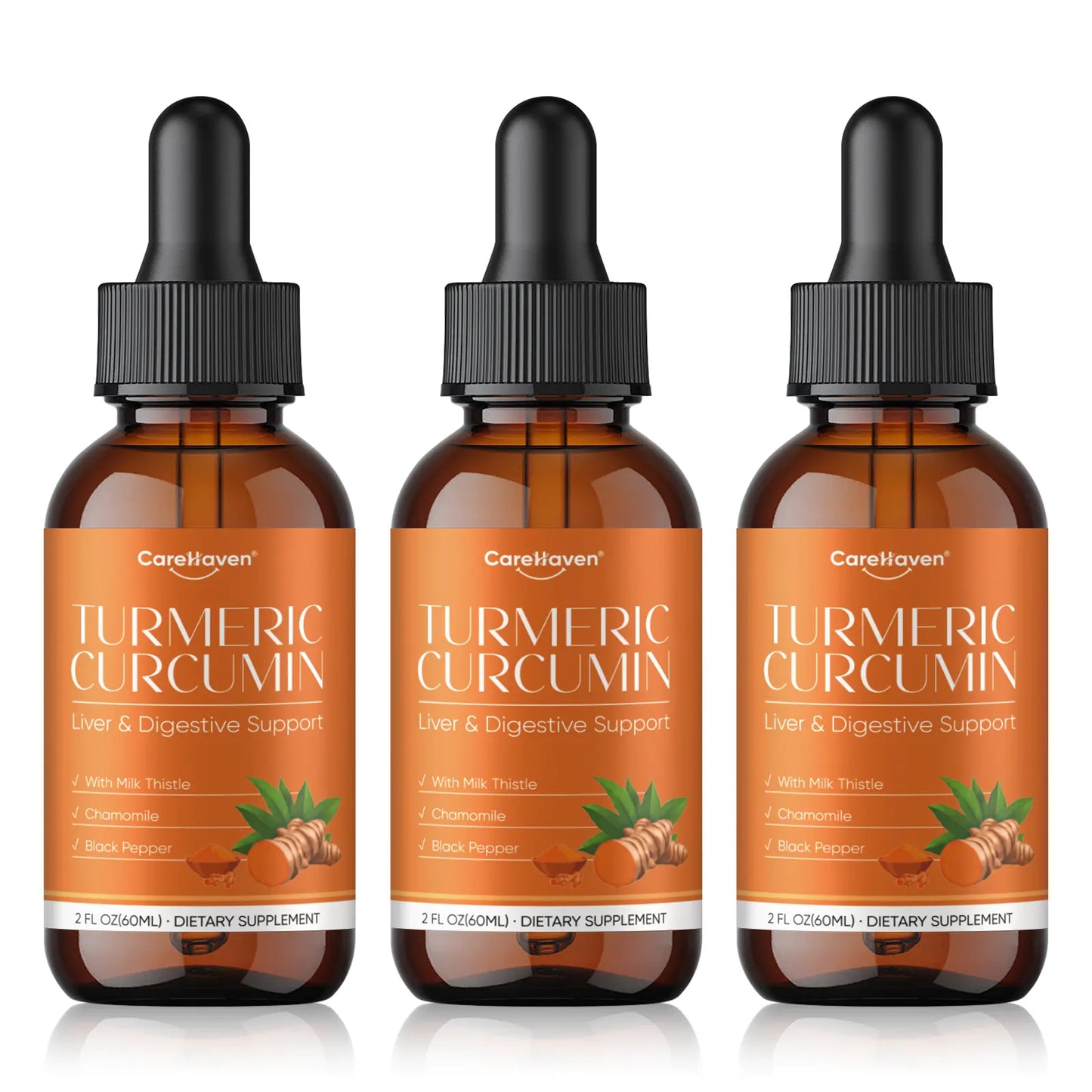 Carehaven Organic Turmeric Curcumin & Milk Thistle Liquid Drops - Prop 65 Safe Liver Aid with Dandelion, Chamomile, Black Pepper, Ginger, Orange Flavor, 2 Fl Oz Single Bottle
