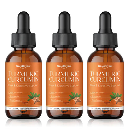Carehaven Organic Turmeric Curcumin & Milk Thistle Liquid Drops - Prop 65 Safe Liver Aid with Dandelion, Chamomile, Black Pepper, Ginger, Orange Flavor, 2 Fl Oz Single Bottle