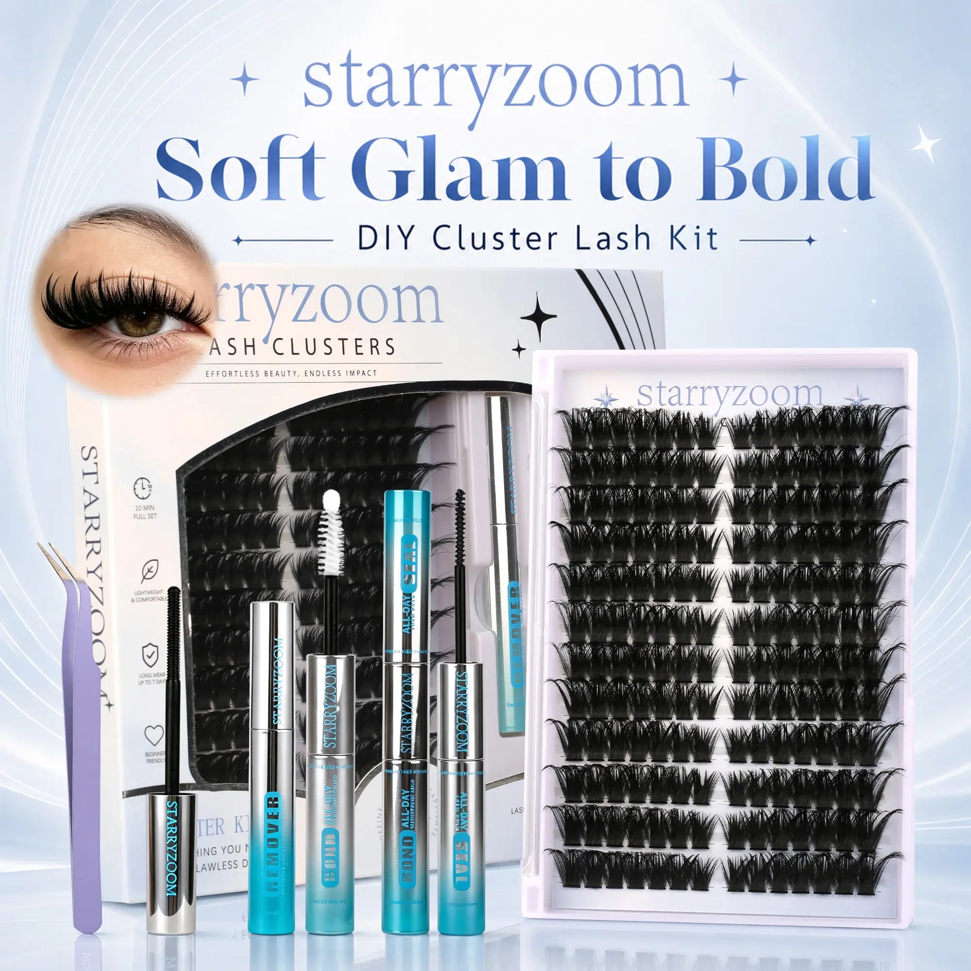DIY At-Home Lash Cluster Kit for Eyelash Extensions, Complete Makeup Set with Bond, Seal, Remover & Applicator, Adult-Use False Lashes, Cosmetics Accessories, Eye Makeup Tool