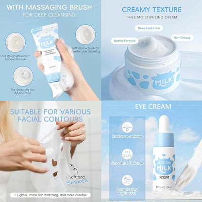 14PCS Milk Skincare Gift Set for Girls & Women, Facial Care Kit with Cleanser, Toner, Serum, Eye Cream, Hand Cream, Face Masks, Headband & Travel Cosmetic Bag, Hydrating & Nourishing Skin Care Set