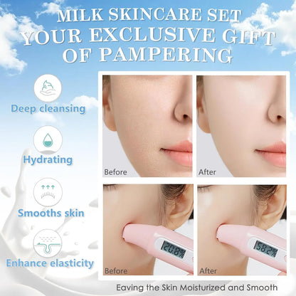 14PCS Milk Skincare Gift Set for Girls & Women, Facial Care Kit with Cleanser, Toner, Serum, Eye Cream, Hand Cream, Face Masks, Headband & Travel Cosmetic Bag, Hydrating & Nourishing Skin Care Set