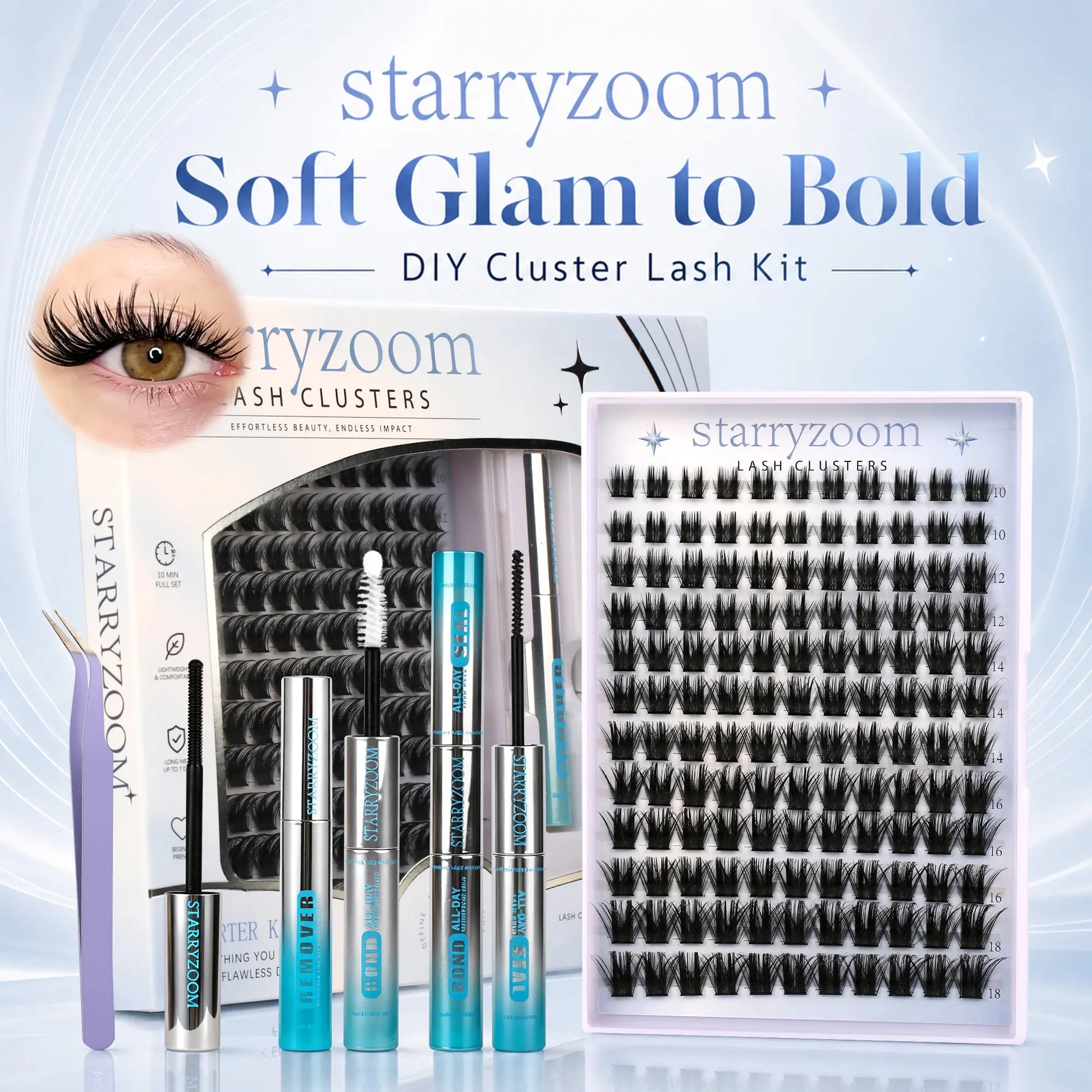 DIY At-Home Lash Cluster Kit for Eyelash Extensions, Complete Makeup Set with Bond, Seal, Remover & Applicator, Adult-Use False Lashes, Cosmetics Accessories, Eye Makeup Tool