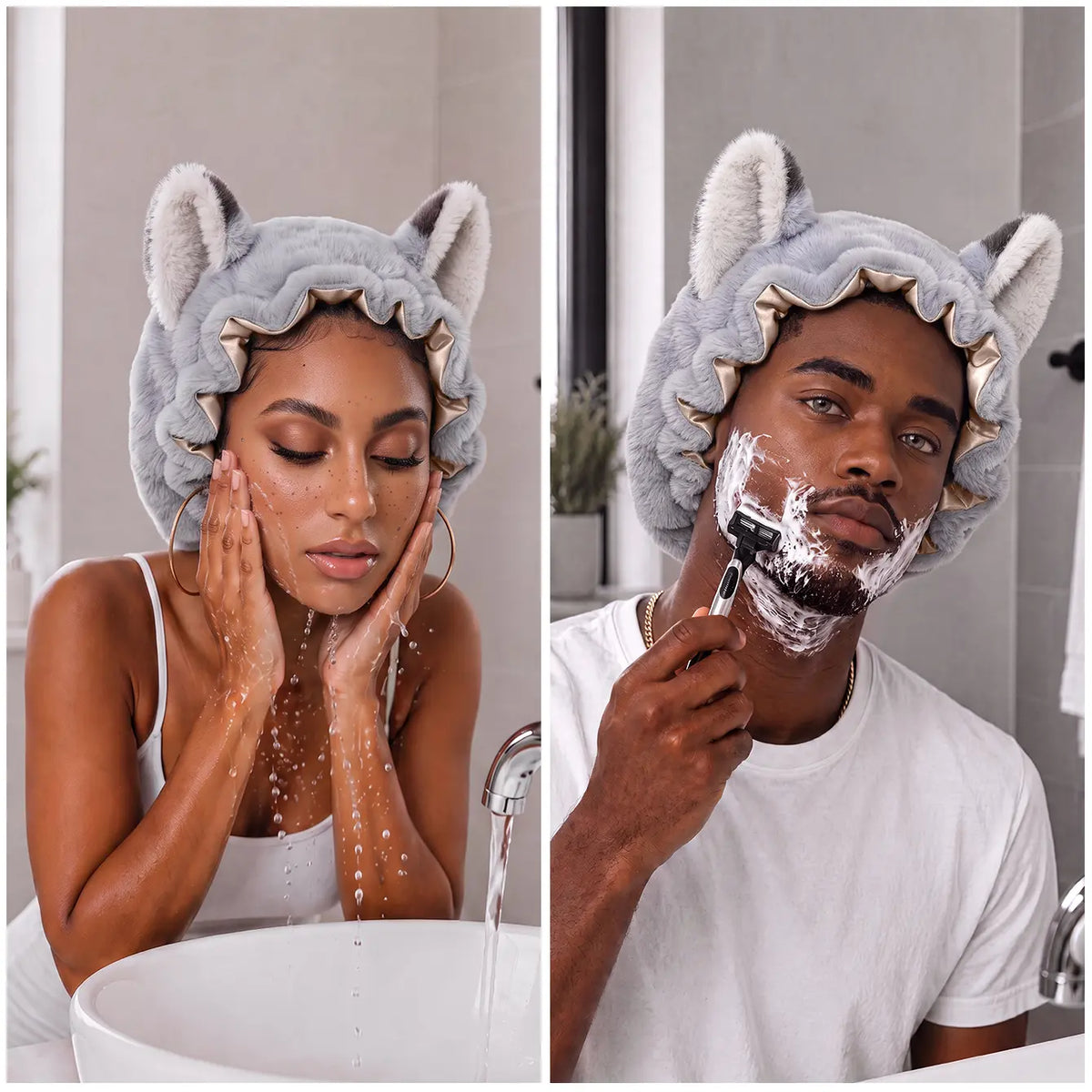 Brand Original Fox Ear Design Plush Satin Hair Bonnet for Sleeping, Soft Fleece Sleep Cap for Women with Satin Lining, Adjustable Elastic Band, anti Frizz Hair Protection Night Cap for Curly Hair, Braids, Natural Hair, Skincare & Lounge。