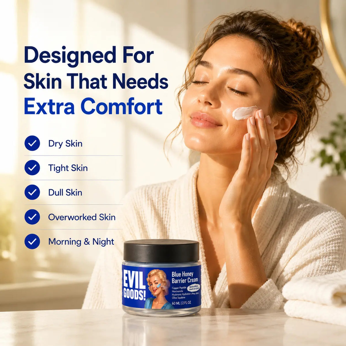 EVIL GOODS Blue Honey Barrier Cream - Lightweight Grape Serum Moisturizer with Copper Peptide, Niacinamide, Hyaluronic Acid for Dry, Dull, Normal Skin - Evening Moisture Boost (2 Oz)
