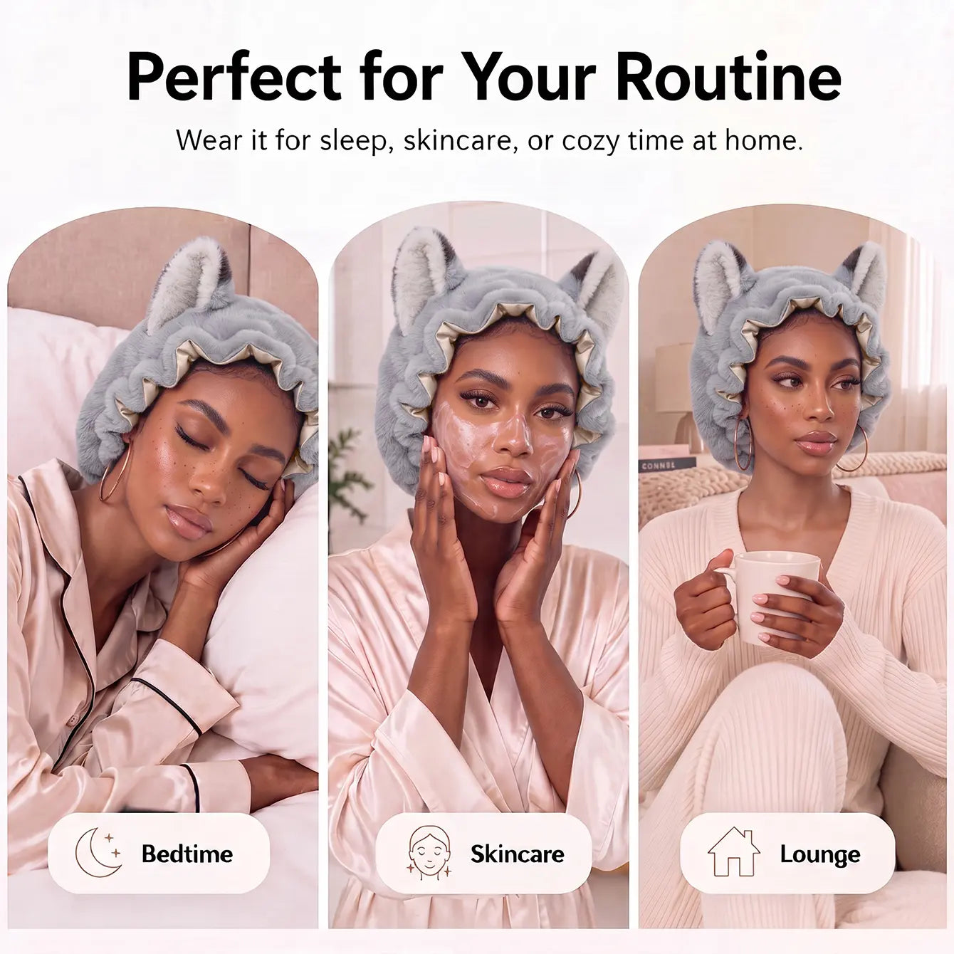 Brand Original Fox Ear Design Plush Satin Hair Bonnet for Sleeping, Soft Fleece Sleep Cap for Women with Satin Lining, Adjustable Elastic Band, anti Frizz Hair Protection Night Cap for Curly Hair, Braids, Natural Hair, Skincare & Lounge。