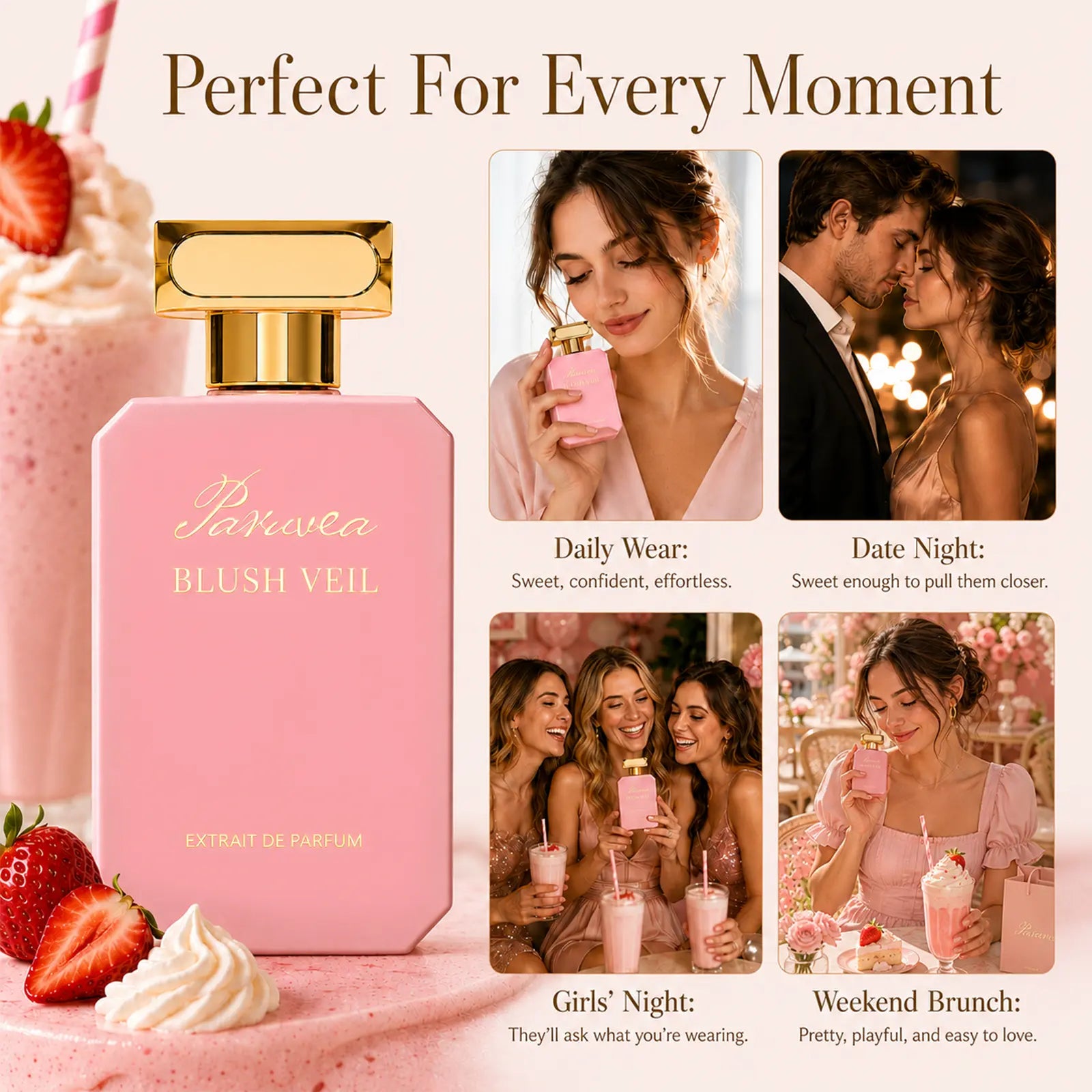 Paruvea Blush Veil Extrait De Parfum | Sweet Creamy Strawberry Milkshake | Blackberry Vanilla Jasmine | Soft Feminine Fruity Floral Perfume 100Ml (3.4 Fl Oz), #Backtoschool