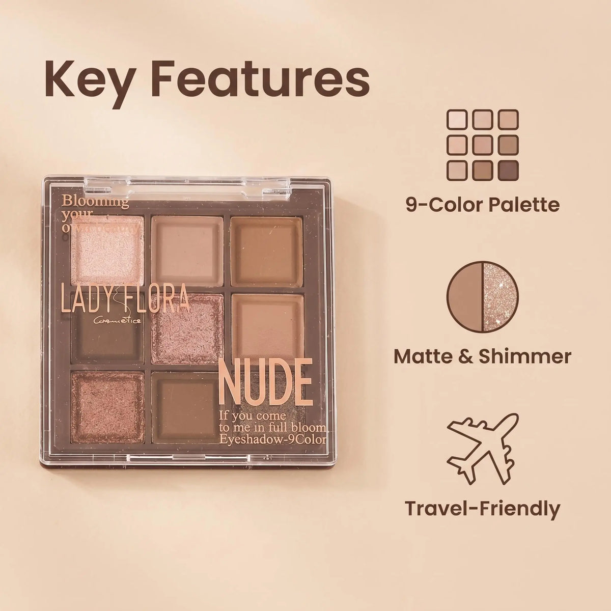 Lady Flora 9 Shades Nude Eyeshadow Palette, Matte Shimmer Neutral Eye Makeup Palette, Blendable Warm Brown Earth Tone Shadows, Long Lasting Daily Eye Cosmetic for Beginners