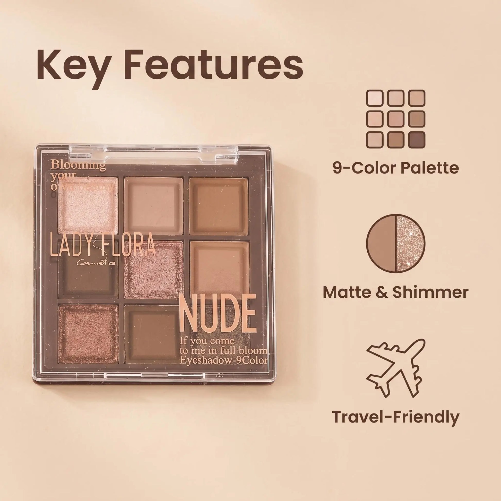 Lady Flora 9 Shades Nude Eyeshadow Palette, Matte Shimmer Neutral Eye Makeup Palette, Blendable Warm Brown Earth Tone Shadows, Long Lasting Daily Eye Cosmetic for Beginners