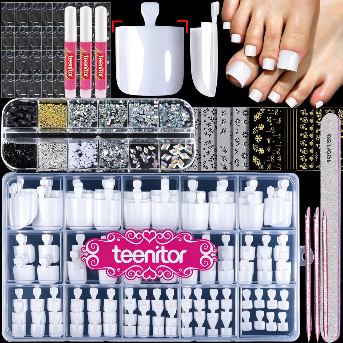 CHOIN Press on Toe Nails Set - 150Pcs Pre-Shaped Square Soft Gel Acrylic Nails, Berry Pink Full Cover Long-Lasting Stick & Build Extensions, 15 Multi-Size Glossy French Tips for DIY Pedicure, Valentine'S Day Gift, Press on Nail Sets