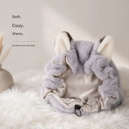 Brand Original Fox Ear Design Plush Satin Hair Bonnet for Sleeping, Soft Fleece Sleep Cap for Women with Satin Lining, Adjustable Elastic Band, anti Frizz Hair Protection Night Cap for Curly Hair, Braids, Natural Hair, Skincare & Lounge。