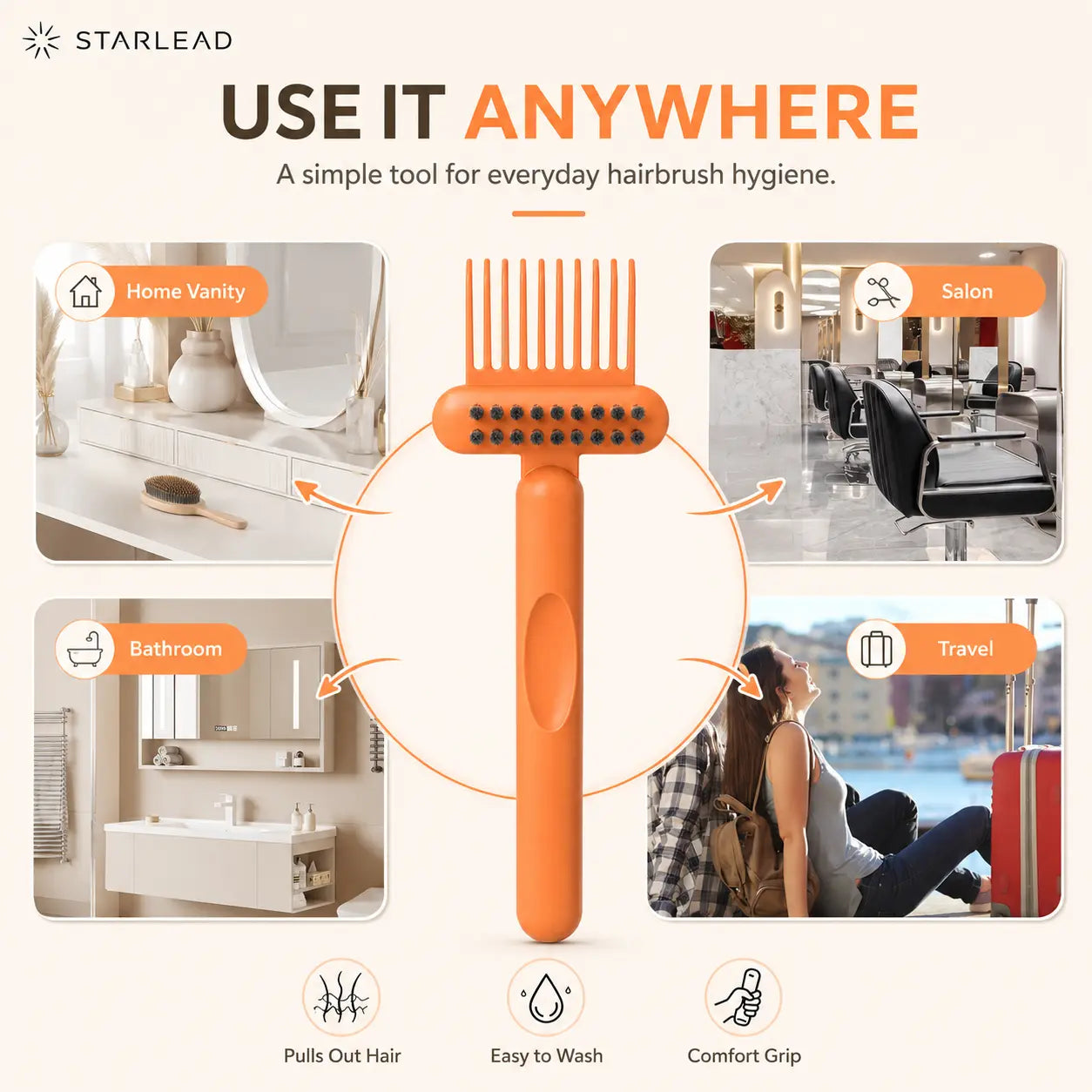 STARLEAD Hair Brush Cleaner Tool, Dual-Action Hairbrush Cleaning Comb with Scrubbing Bristles, Reusable Brush Cleaner for Removing Trapped Hair and Buildup, Easy Wash Hair Care Tool for Home, Salon and Travel