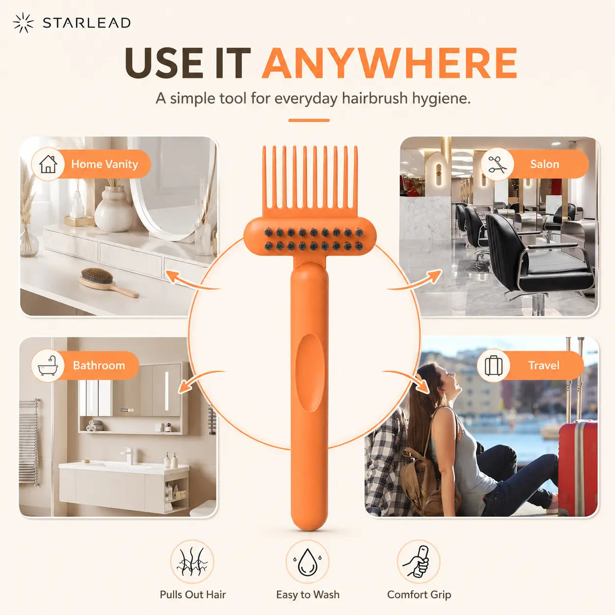 STARLEAD Hair Brush Cleaner Tool, Dual-Action Hairbrush Cleaning Comb with Scrubbing Bristles, Reusable Brush Cleaner for Removing Trapped Hair and Buildup, Easy Wash Hair Care Tool for Home, Salon and Travel