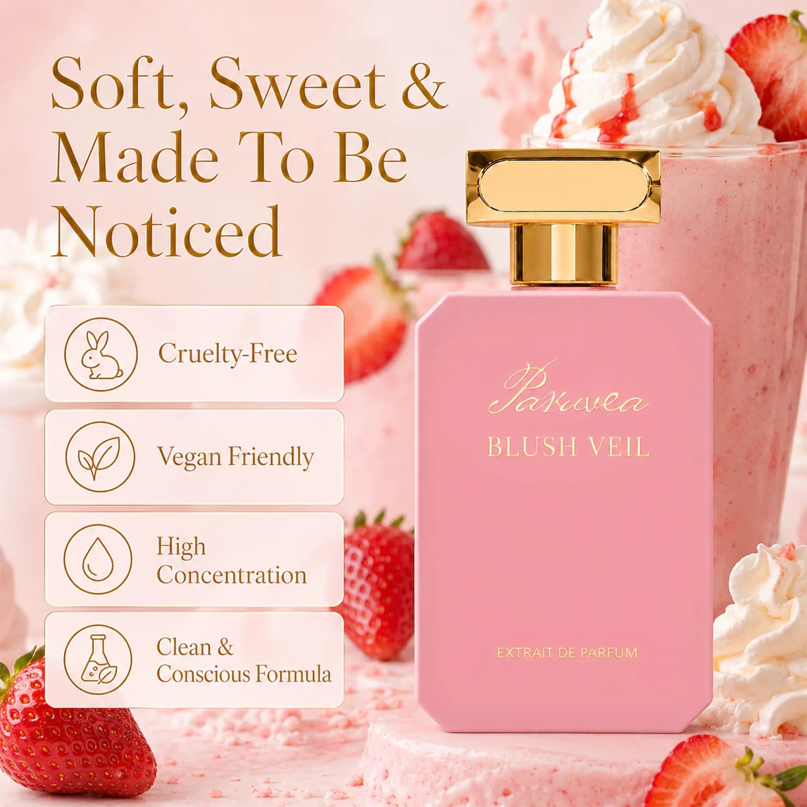 Paruvea Blush Veil Extrait De Parfum | Sweet Creamy Strawberry Milkshake | Blackberry Vanilla Jasmine | Soft Feminine Fruity Floral Perfume 100Ml (3.4 Fl Oz), #Backtoschool